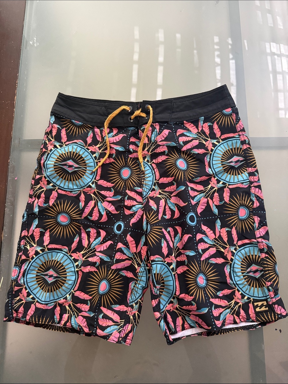 Billabong Men's Black Swim Shorts with Blue & Pink Sunburst Print